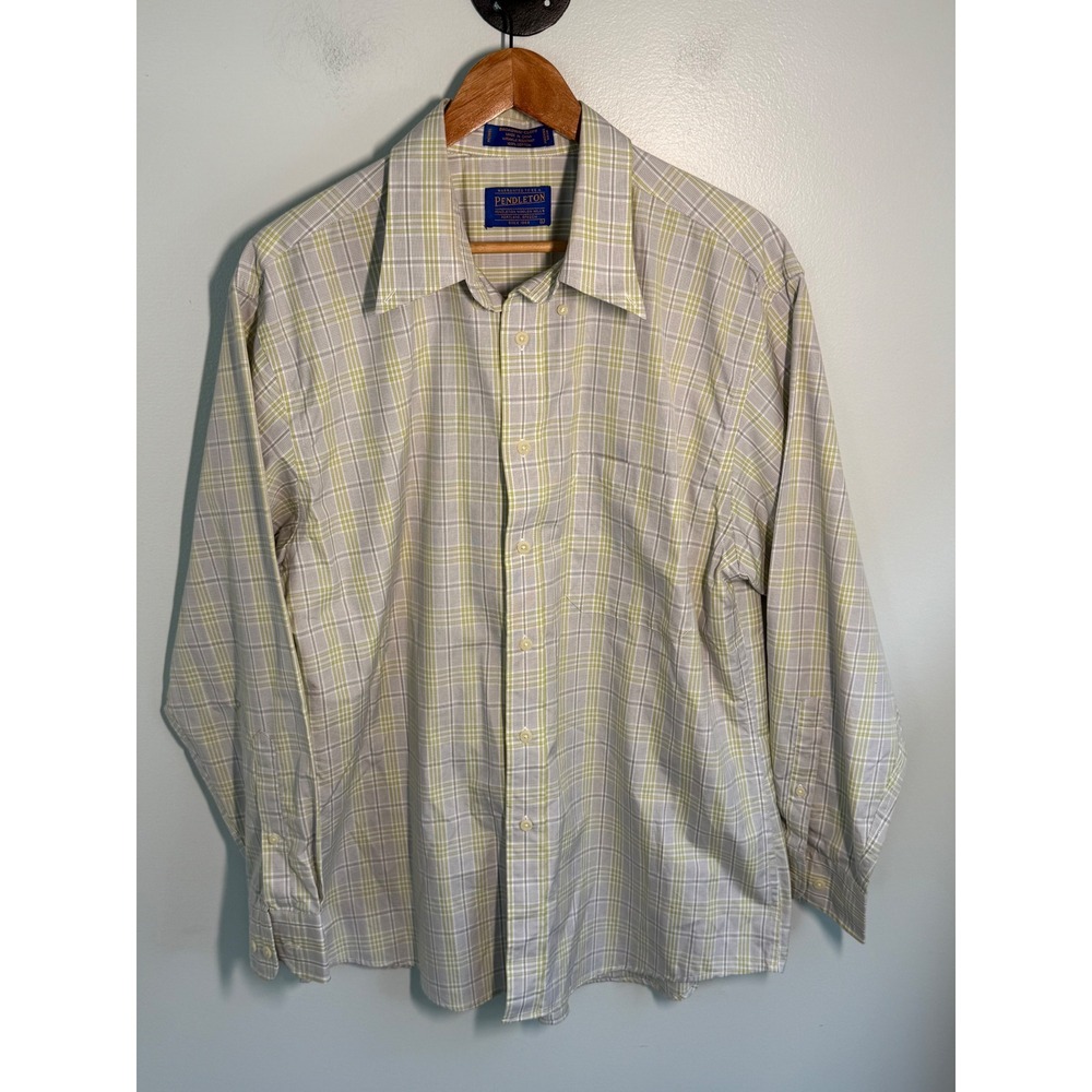 Pendleton Broadway Cloth Mens Large Plaid Button Down Shirt Wrinkle Resistant L